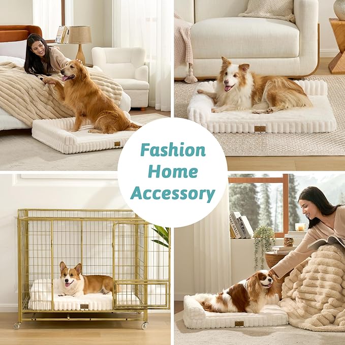 Cute Dog Bed, Faux Rabbit Fur Orthopedic Foam Dog Bed with Sides, Removable Washable Cover & Waterproof Lining, Comfortable Pet Couch for Extra Large Dogs, Cream (48" L x 35" W x 7.5" Th)