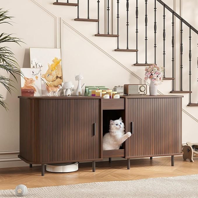 Double Litter Box Enclosure for 2 Cats, 55" Litter Box Furniture Hidden with Cat Scratch Pad, Large Indoor Cat House with Double Room, Wooden Litter Box Cabinet, TV Stand, Walnut
