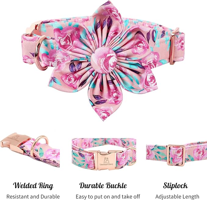 Lionheart Glory Dog Collar, Pink Dog Collar with Flower, Cute Floral Pattern Pet Collar Adjustable Dog Collar for Large Dogs