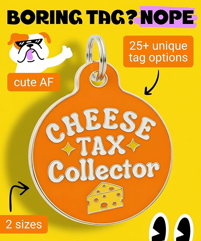 Bad Tags Personalized Dog and Cat ID Tags in 25+ Designs and 2 Sizes - 5 Lines of Custom Engraved Text - Funny Cute Personalized Pet Tags (Cheese Tax Collector, Large (1.25 inch))