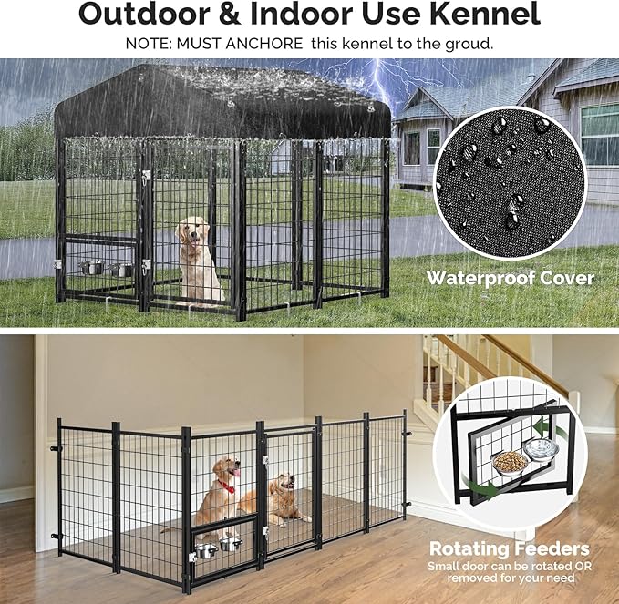 Sino Luban Outdoor Dog Kennel Outside Run with Doggy Door, Swivel Feeder&Roof - 5x5x5FT Large Dog Kennels Pens Outside for Medium/Large Dogs - Heavy Duty Cage Yard (Can Connect to Your Dog House)