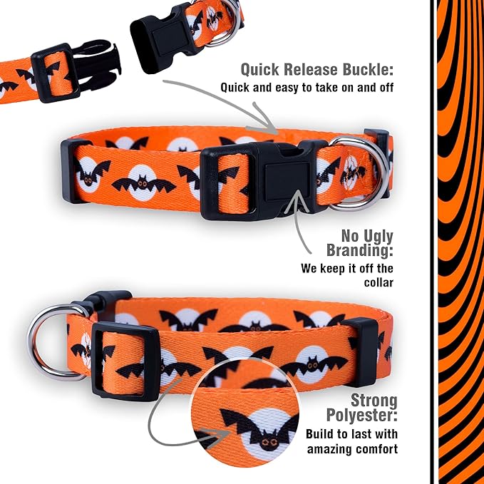 Native Pup Halloween Dog Collar- Spooky Fall Themed Horror Costume Collars- Skull, Pumpkin, Ghost, Bat, Witch, Candy Corn, Spider- Adjustable for Small, Medium, Large Breeds (Small, Bats and Moon)