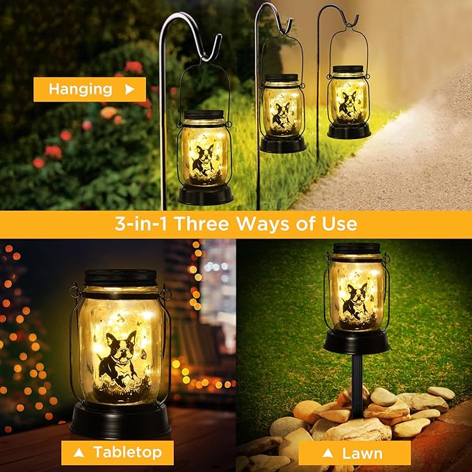 Boston Terrier Gifts for Women/Men Boston Terrier Solar Lanterns Mom Birthday Dog Lovers Lantern Pet loss Dog Memorial Lights Solar Garden Decoration for Yard, Patio,Backyard,Porch Torches Light