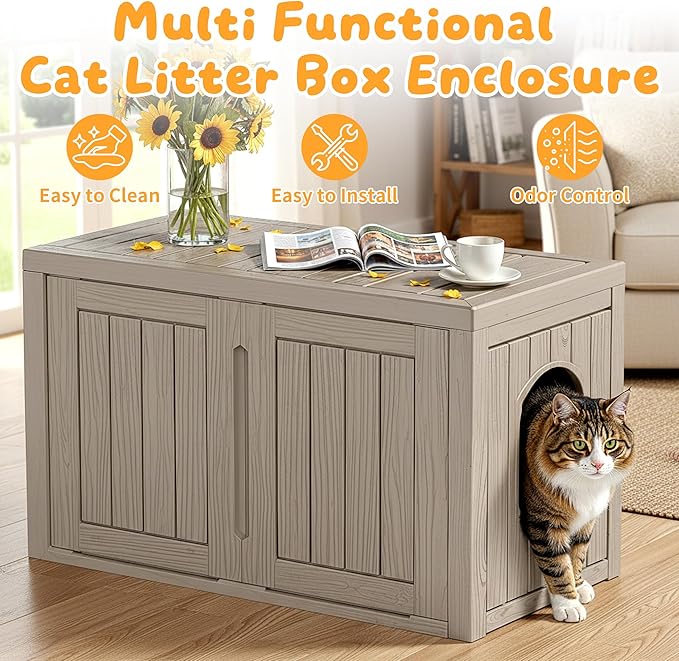 Cat Litter Box Enclosure,Multi-Functional Hidden Litter Box Furniture Cabinet with Adjustable Partition & Side End Table, Indoor Outdoor Cat House with Double Doors,Easy to Clean & Assemble, Gray