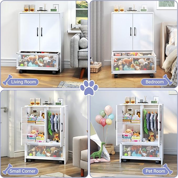 TC-HOMENY Pet Wardrobe Closet with Drawer, Wooden Pet Storage Cabinet with Wheels and Hanging Rods, Dog Closet with Clothes Hanger, Pet Toys Basket, Dog Organization and Storage, Small Wardrobe Closet