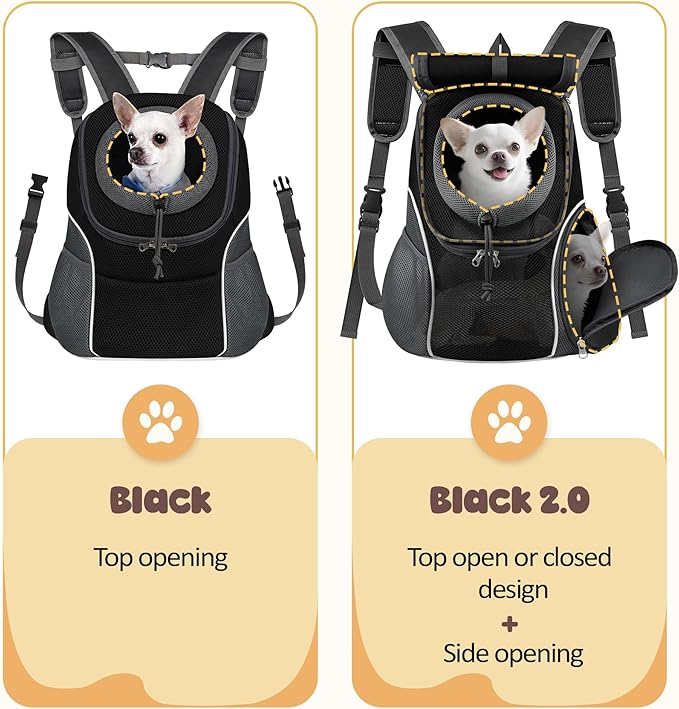 WOYYHO Pet Dog Carrier Backpack with Top and Side Windows, Small Dog Front Backpack Ventilated Dog Back Pack with Safety Belt for Travel Hiking Outdoor Adventures (Size L: 10-14 lbs, Black 2.0)