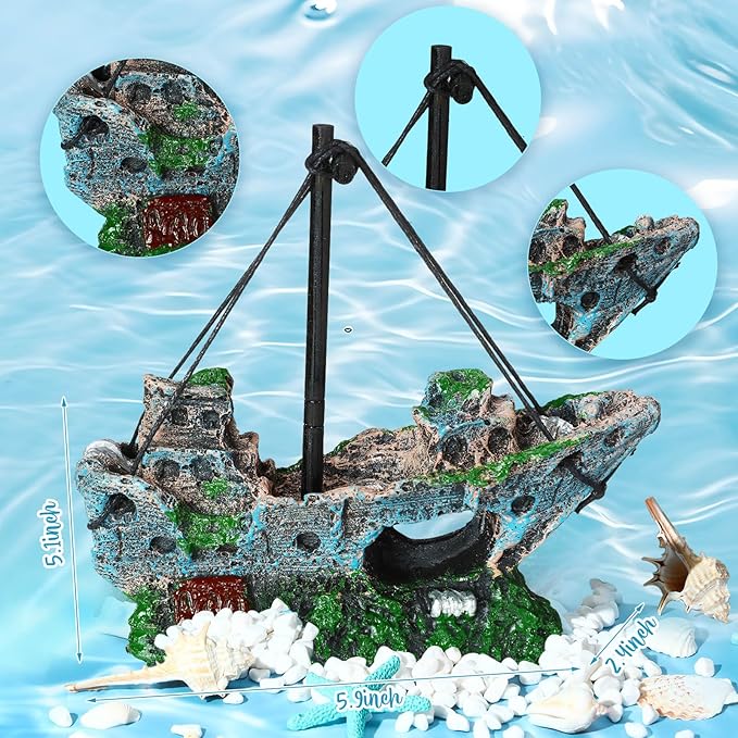 Wenqik Aquarium Decorations Large, Resin Sunken Shipwreck, Undersea Treasure Chest, Ancient Castle Ruins Tunnel House, Simulated Artificial Water Plants, Fish Shrimp Cave Hide for Fish Tank, Safe