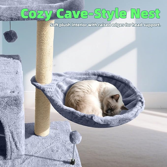 Cat Tree with Cat Condo and Hammock, Cat Tree with Scratching Posts and Scratching Pads, Cat Tower for Indoor Cats, Activity Centre Climbing Tree with Playful Toy Balls, Grey