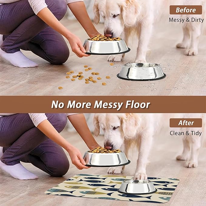 Fish Boho Dog Food Mat for Floors,Ocean Absorbent Quick-Dry Pet Feeding Mat,Cat Dog Bowl Mats for Food and Water,Non-Slip Pet Accessories Supplies 16"x24"