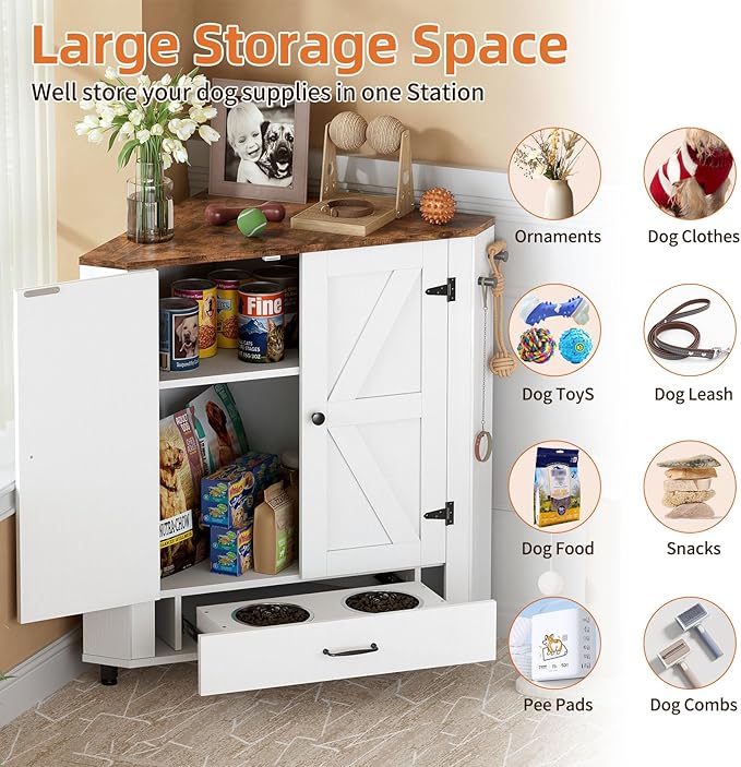 PakaLife Farmhouse Dog Food Storage Corner Cabinet, Dog Feeding Station with 2 Hidden Bowls, Adjustable Panel, 4 Hooks, Pet Feeding Station Corner Cabinet for Medium, Small Sized Dogs