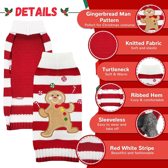 Dog Christmas Sweater Xmas Pet Clothes Cute Striped Gingerbread Man Costume Holiday Puppy Cat Jumpers Outfits New Year Gifts for Small Medium Large Dogs(Red Gingerbread Man,M)