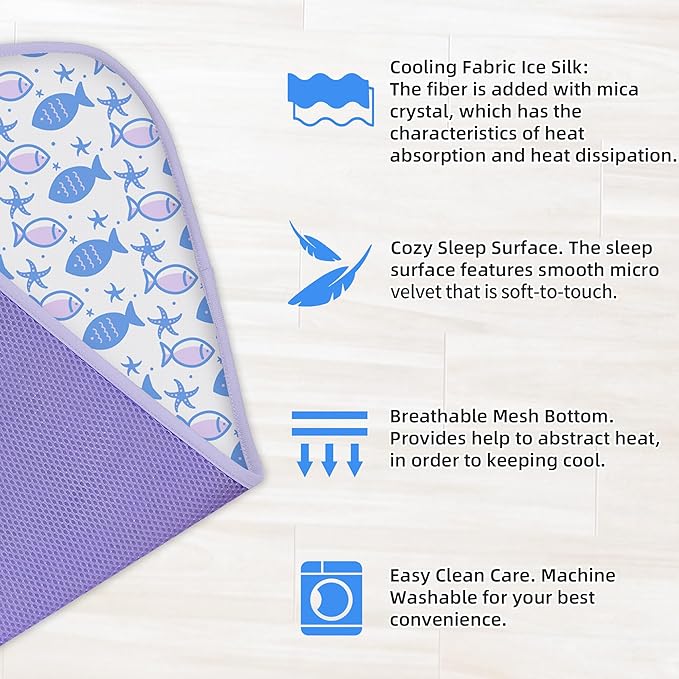 NWK Pack of 4 Pet Cooling Mat - Ice Silk Cooling Mat for Dogs & Cats Portable & Washable Pet Cooling Blanket, Car Seats, Beds for Summer (4pcs, Purple Fish, 27’’ X 20’’ X 0.3)