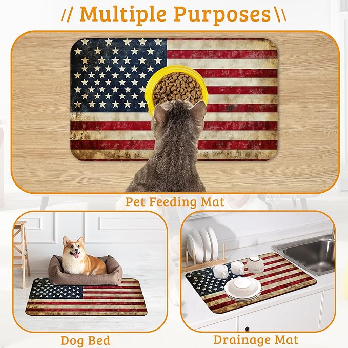 Retro Flag Dog Cat Food Mat,Absorbent Waterproof Placemat for Food and Water Non Slip Rubber Backing Durable Feeding Pad for Clean Floors 16" x 24"