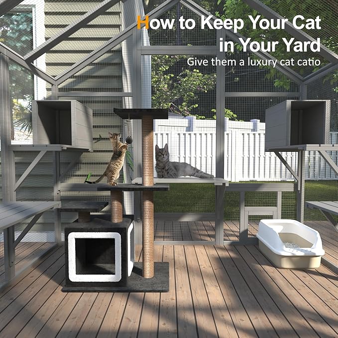 Cat Catio - Large Outdoor Catio Enclosure with 7 Tiered Platforms & 2 Premium Resting Boxes, Weatherproof Cat Cage with UV-Resistant Cover, Spacious Cats Enclosure for Multi-Cats(71"x49"x71")
