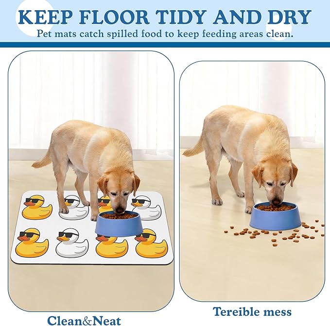 Cute Ducks Glasses Pet Feeding Mat for Floors–Christmas Stocking Absorbent Quick Dry Dog Cat Bowl Mat for Food and Water, Non Slip Waterproof Base, Mess-Free Feeding Accessories 12"x20"