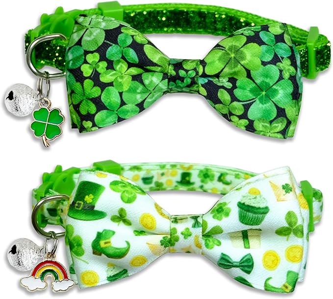 2 Pack St. Patrick's Day Irish Cat Collar with Bow Tie, Holiday Shamrock Clover Collar for Boys and Girls Male Female Kitty Kittens