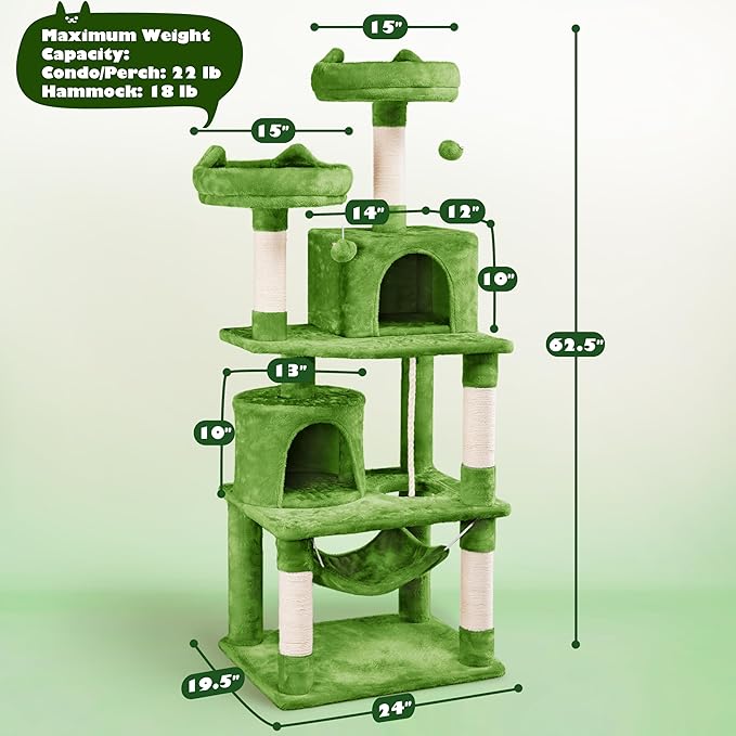 Topeakmart 62.2 inches Cat Tree with Double Condos, Cat Tower with Scratching Posts & Hammock & Foam-Padded Perches, Kitty Activity Tree Center Kitten Play House, Green