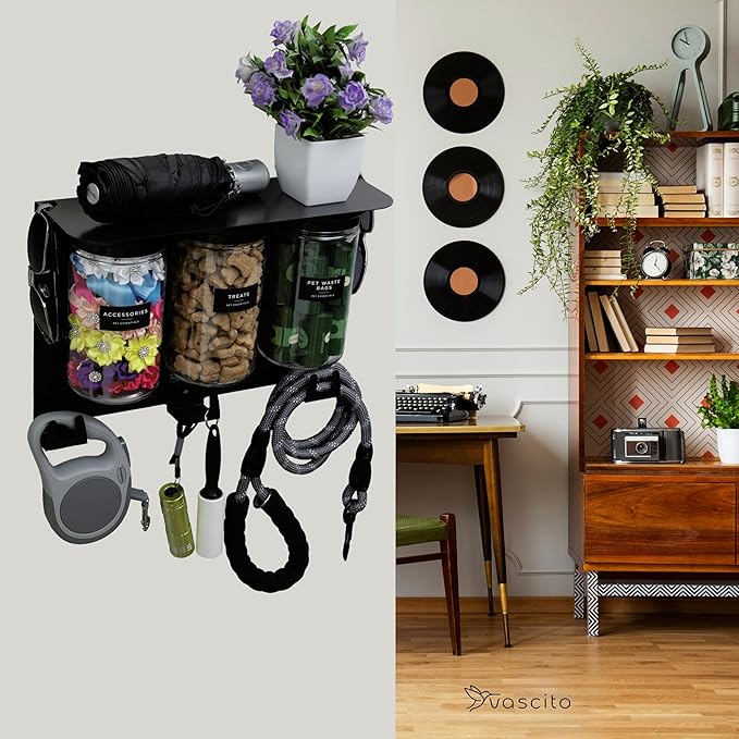 Dog Treat Holder For Wall Storage For Pets, Premium Pet Wall Organizer, Includes Three 32oz Airtight Dog Treat Jars, 3 Sets of Triple Hooks, Sturdy Shelf in Modern Black