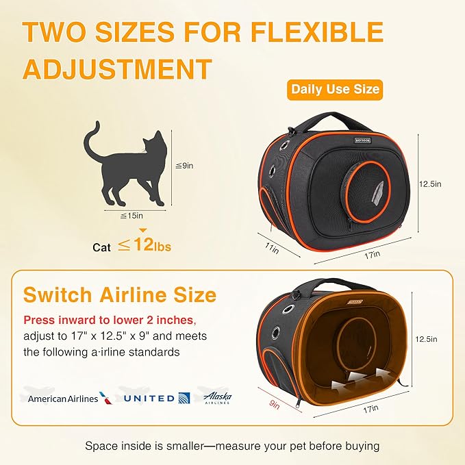 Airline Approved Cat Carrier 17" x 12.5" x 9", Fully Removable with Thick Double-Sided Padding, Breathable & Portable for Cats, Rabbits, Hamsters Under 12 lbs