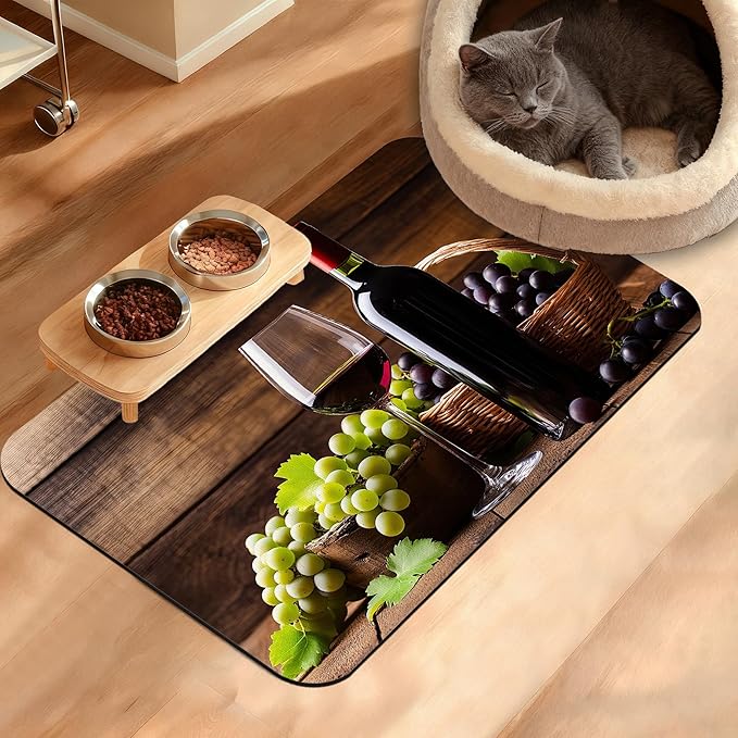Pet Feeding Mat,Red Wine Absorbent Dog Cat Food Mat Grape Wood Dog Mat with Rubber Backing,Non-Slip Water Bowl Placemat,Pet Supplies 16" x 24"