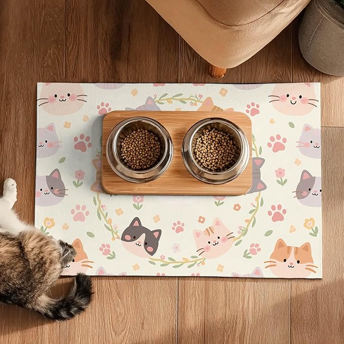 Cat Feeding Mat 24x16 inch Floral Ring Kitten Print Pet Bowl Placemat Non Slip Floor Mat for Food and Water Indoor Kitty Feeding Station Cute Meal Pad for Small Pets Kitchen Use