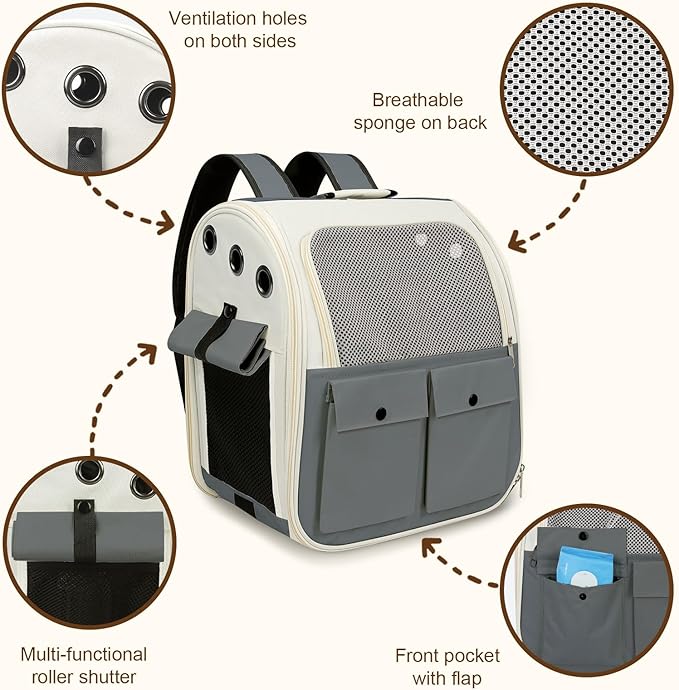Airline Approved Cat Carrier Backpack - Ventilated Breathable Mesh for Small Dogs & Cats (15lbs), Soft Sided Dog Backpack for Hiking, Camping, Travel & Vet Visits with Padded Straps (Grey)