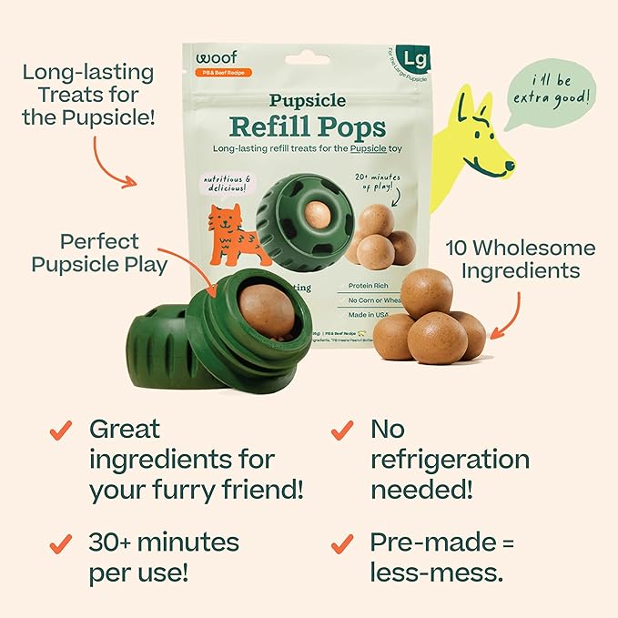 WOOF Pupsicle Refill Pops, Delicious Long Lasting Dog Treats, Pre-Made Pupsicle Refills for Dogs, Wholesome Ingredients, Low-Mess Beef Pet Treats - Large Pops - 7 Count - 3 Pack