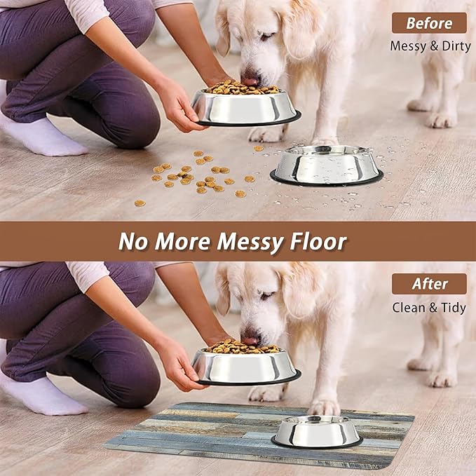 Vintage Barn Wooden Dog Cat Food Mat,Rustic Wood GrainAbsorbent Pet Feeding Mat for Food and Water,Non-Slip Dog Bowl Mats Floor Protector 12"x20"