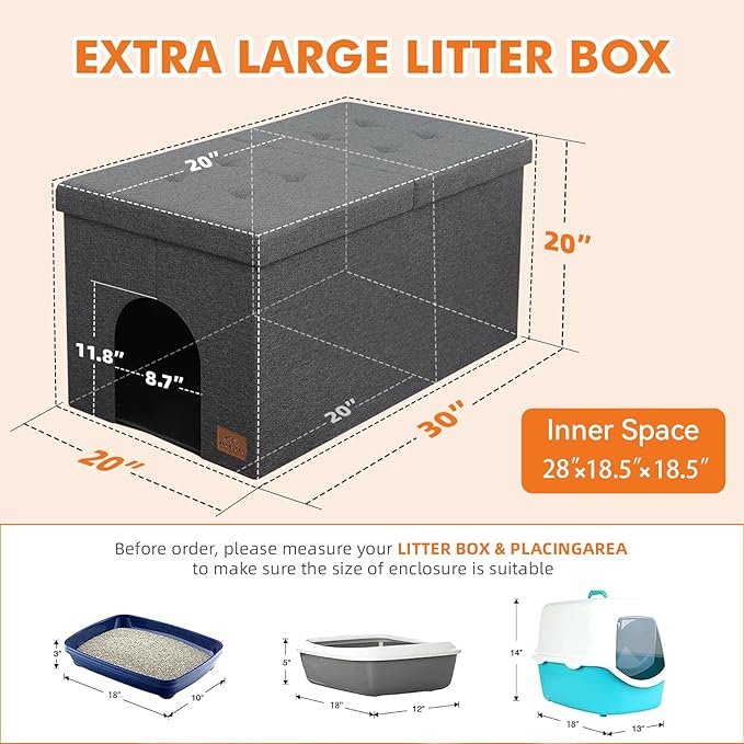 Cat Litter Box Enclosure Furniture for Odor Control, Hidden Cabinet Cats Litter Ottoman with Flip-Up Lid,Cat Litter Box Bench with Storage Space, Dog Proof(Grey, Large)