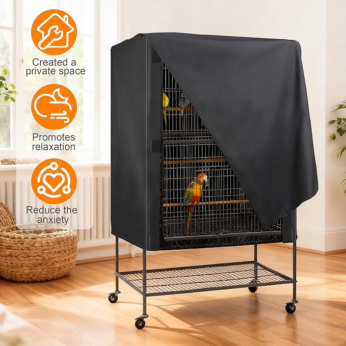 Bird Cage Cover, Pet Bird Cage Cover for Night Heavy Duty Oxford Cloth with Coating Layer, Universal Shade for Parakeet, Parrots, Cockatiel, and Small Animals, Without Cage(Black, 38x24x48in)