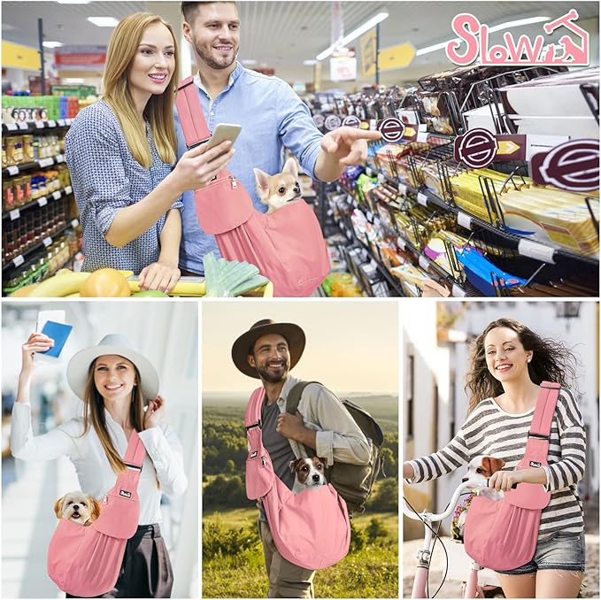 SlowTon Dog Carrier Sling - Thick Padded Shoulder Strap Adjustable Dog Carriers for Small Dogs, Puppy Carrier Purse for Pet Cat with Front Zipper Pocket Safety Belt Machine Washable (Peach, S)