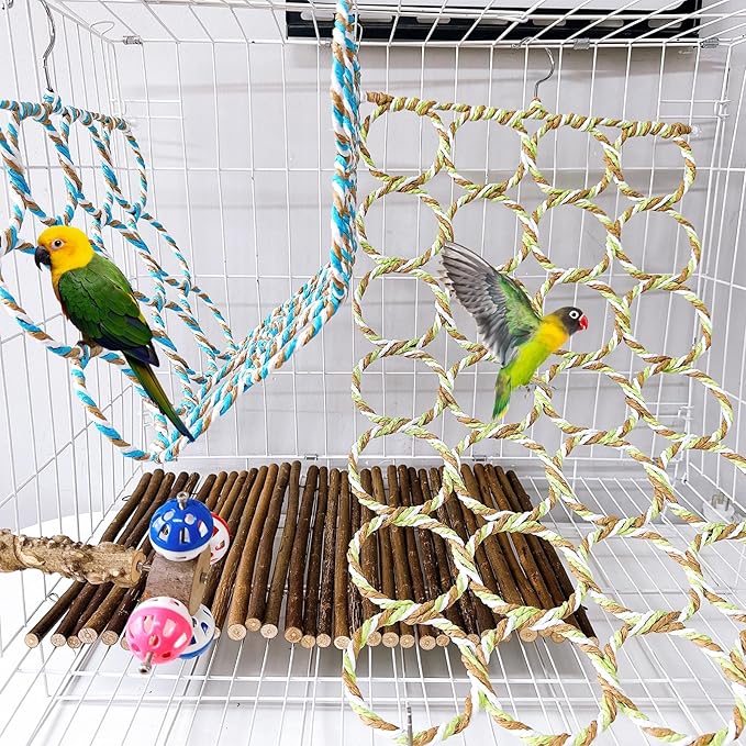 Bird Swing Climbing Rope Net Toys 14" x 24" Parakeet Hemp Rope Perch Swing Ladder Bridge Hanging Hammock Small Animal Activity Toy for Parrot Lovebirds Hamster Mice Rat Ferret (Random Color)(2 Pcs)
