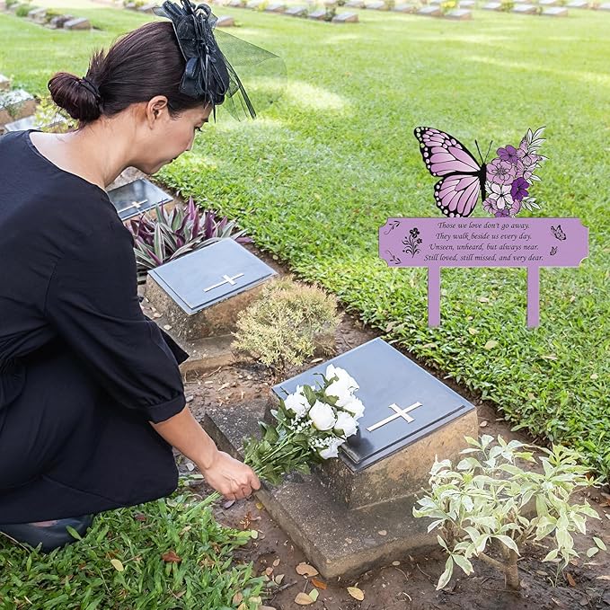 Grave Decorations for Cemetery Memorial, Metal Memorial Garden Stakes for Loss of Mother Father Loved Ones, Purple Plaques Markers for Cemetery Humans Outdoor Yard