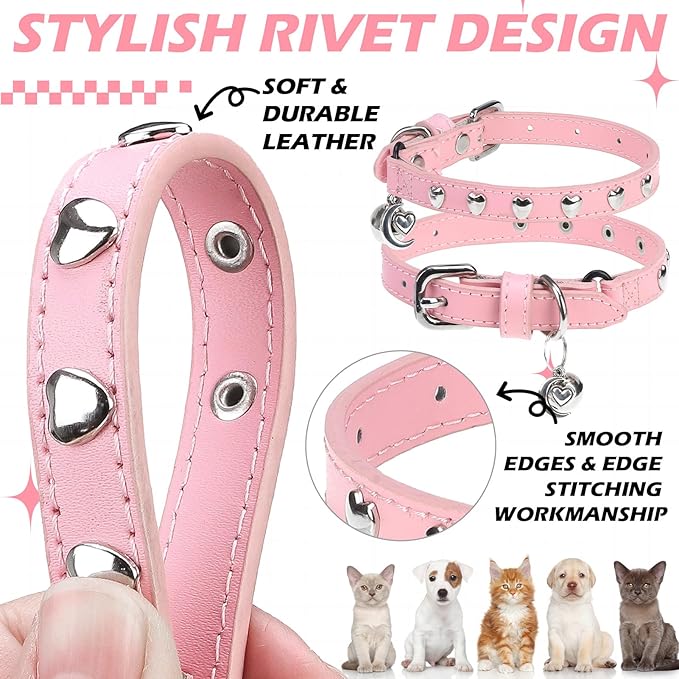 EXPAWLORER Leather Cat Collar for Girl Boy Valentine's Day - Adjustable Pet Collar with Safety Elastic Belt,Personalized Heart Accessories Buckle Collars with Bell & Durable D-Ring,Heart(Pink)