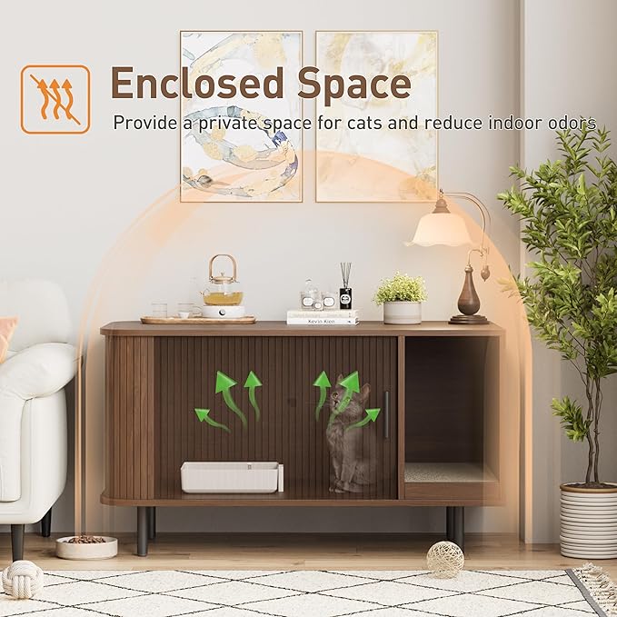 Cat Litter Box Enclosure with Cat Scratch Pad, Sliding Door, 37.4" Litter Box Enclosure Furniture Hidden Litter Box, Modern Indoor Cat House, TV Stand, Side End Table for Living Room, Walnut