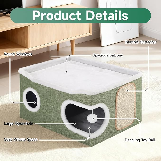 Cat Beds for Indoor Cats, Extra Wide Cat Cube House for Multi Cats, Foldable Cat Cave Hideaway with Arc-Edge Design & Oval Door, Double-Side Soft Cushion for All Seasons, 24"L x 17.7"D x 12.6"H, Green