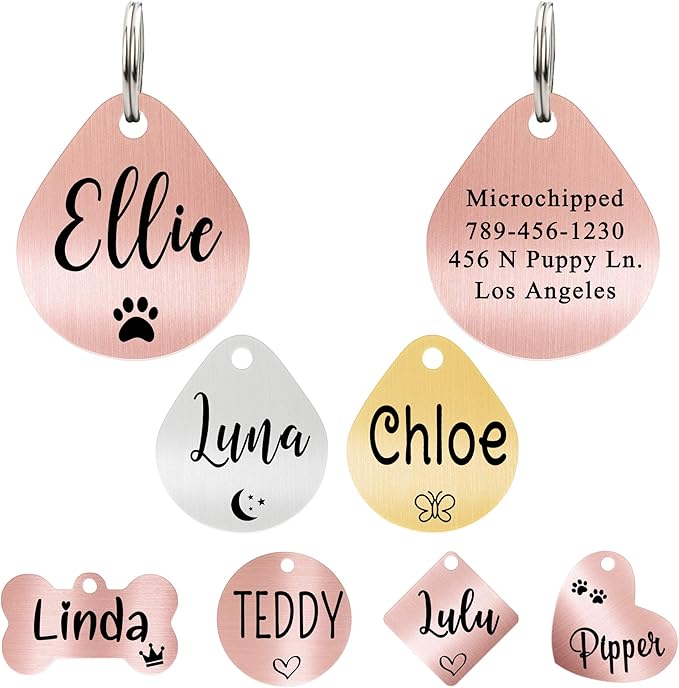 Ultra Joys Dog ID Tag, Custom Dog Tag Personalized Cat Tag, Pet ID Tag, Brushed Stainless Steel Teardrop Dog Tag Rose Gold Large
