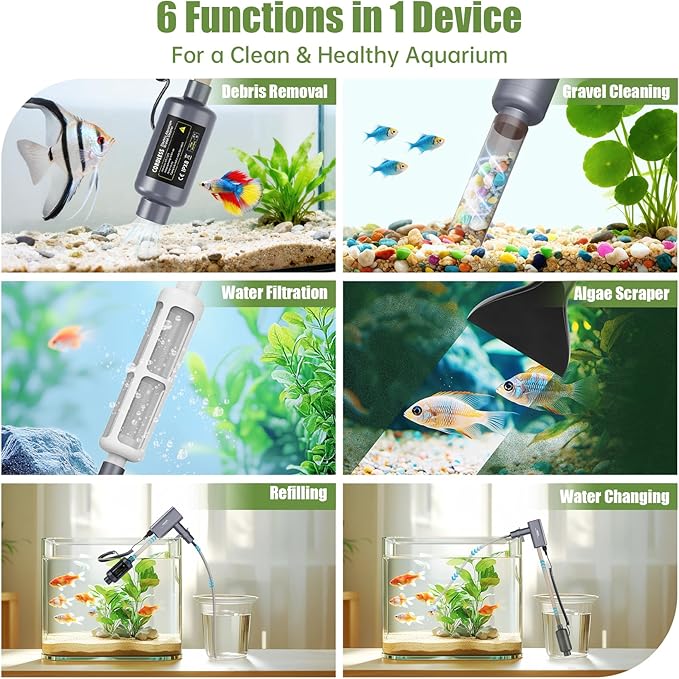 Cordless Aquarium Gravel Cleaner Vacuum: 6-in-1 Electric Fish Tank Cleaner, Rechargeable & Strong Suction Water Changer, Touch Control, Fits 5–150 Gallon Tanks