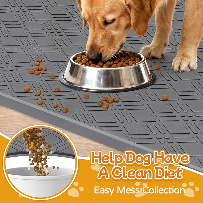 Lanstics Dog Food Mat, 42" x29" Large Silicone Mat Dog Feeding Mat with Raised Edge Non-Slip Pet Feeding Mat for Food and Water Bowl, Easy to Clean, Floor Protection (Dark Gray)