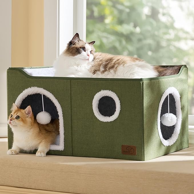 Bedsure Large Cat Beds for Indoor Cats - Extra Wide Cat Cube House for Small Pet with Fluffy Ball Hanging and Scratch Pad, Foldable Pet Cave Hideaway for Multiple Cats, 23.6x16.9x13 inches
