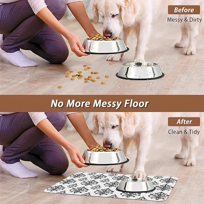 Vintage Damask Flower Dog Cat Food Mat,White Black Floral Absorbent Pet Feeding Mat for Food and Water,Non-Slip Dog Bowl Mats Floor Protector 12"x20"