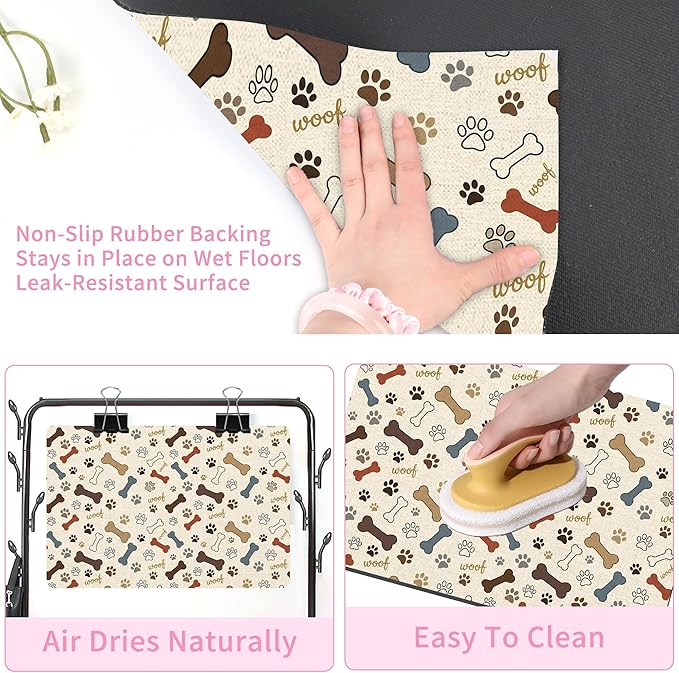 Dog Feeding Mat 24 x 16 Inch, Neutral Paw Bone Woof Dog Placemat Absorbent Quick-Dry for Food and Water, Waterproof Non Slip Rubber Pet Bowl Pad Mat for Floors