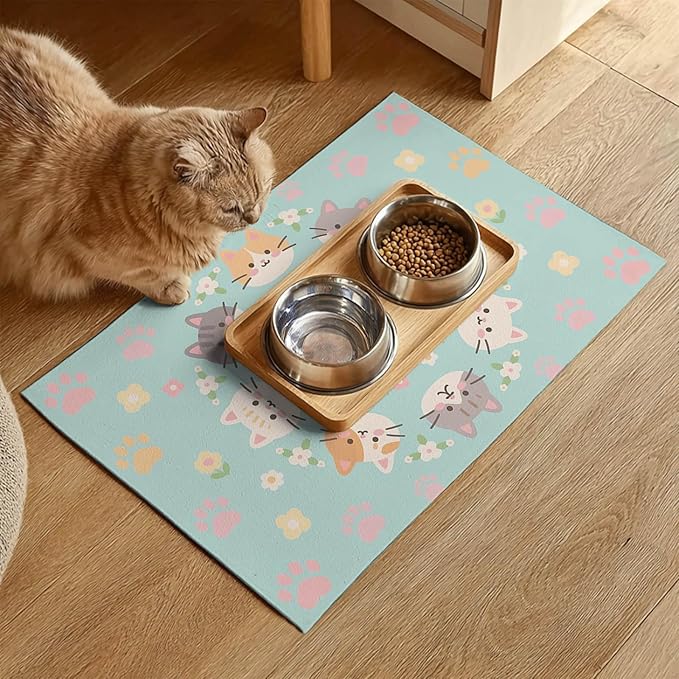 Cat Feeding Mat 24x16 inch Kitten Print Pet Bowl Placemat Non Slip Floor Mat for Food and Water Indoor Kitty Feeding Station Cute Meal Pad for Small Pets Kitchen Use