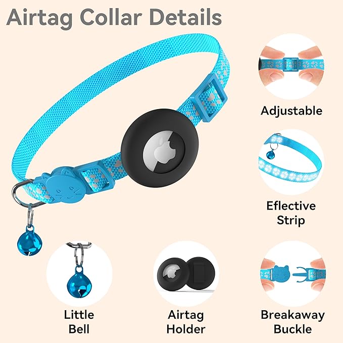 Vanjua 2 Pack Airtag Cat Collar Breakaway with Bell, Reflective Kitten Collar with Air Tag Cat Collar Holder Case for Girl Boy Cats, Pet Supplies Accessories (Black B+Blue B)