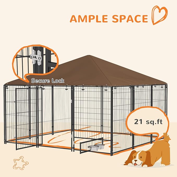 PawHut Outside Dog Kennel, 7' x 7' x 5' Puppy Play Pen with Canopy, Garden Playpen Fence Crate Enclosure Cage Rotating Bowl, for Dogs, Chickens, Ducks, Black