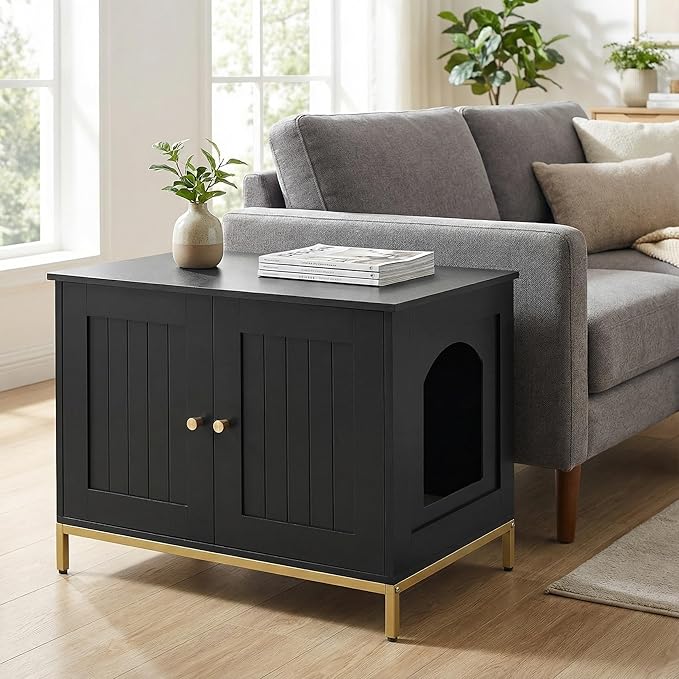 Homhedy Cat Litter Box Enclosure, Cat Washroom Furniture with Metal Frame, Pet House, Fit Most of Litter Box, Modern Style, Black and Gold