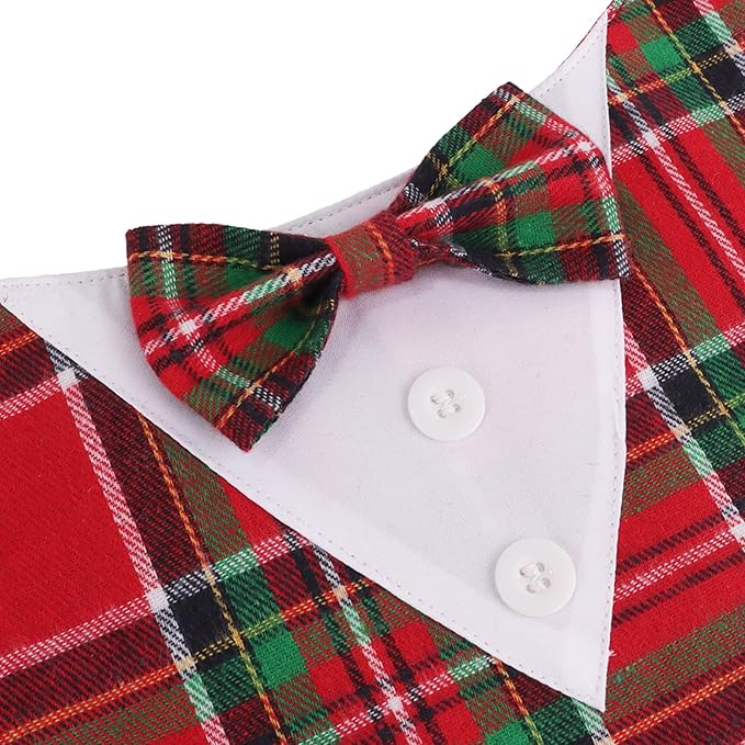 ADOGGYGO Christmas Dog Tuxedo Bandana, Red Green Plaid Pet Xmas Collar with Bow, Adjustable Christmas Costume for Extra Small Dogs (XS)