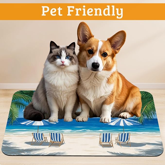 Pet Feeding Mat,Sea Beach Absorbent Dog Cat Food Mat Palm Tree Dog Mat with Rubber Backing,Non-Slip Water Bowl Placemat,Pet Supplies 16" x 24"
