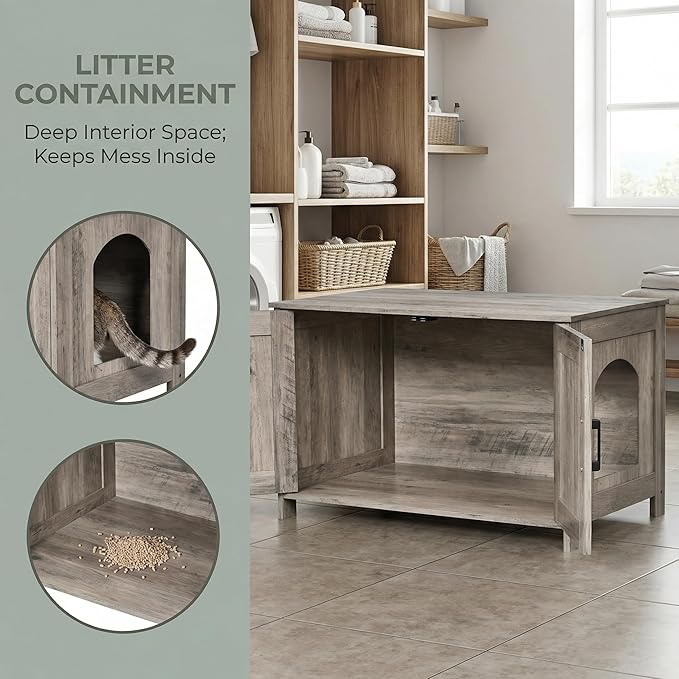 Homhedy Cat Litter Box Enclosure, Wooden Cat Washroom Furniture with Barn Door, Pet House, Fit Most of Litter Box, Greige