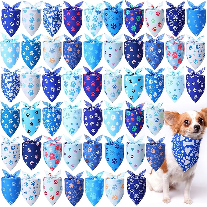 50 Pcs Blue Paw Print Dog Bandanas Bulk Animal Footprint Bandanas for Dogs Triangle Kerchief Bib Scarf Set for Pet Winter Costume Photo Props Daily Accessories Pet Shops (25.6 x 17.7 x 17.7)
